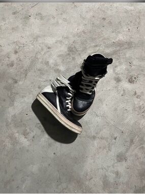 Rick Owens Black and White High-Top Leather Boots